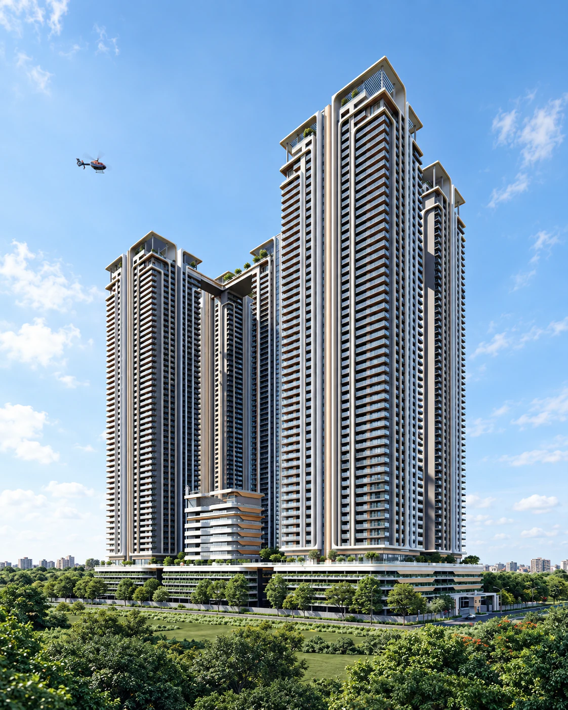 The towers of The Cascades rising over the lawns, a helicopter overhead — artist's impression