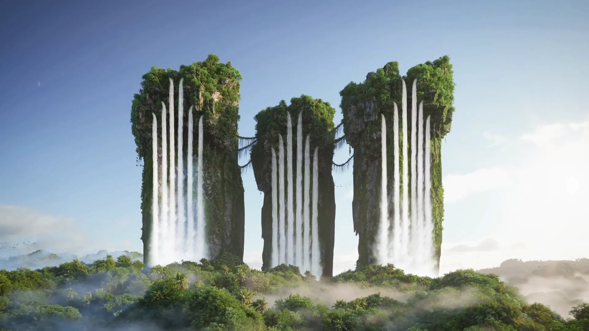 Water cascading from three green pillars over a misty forest — from The Cascades wellness film